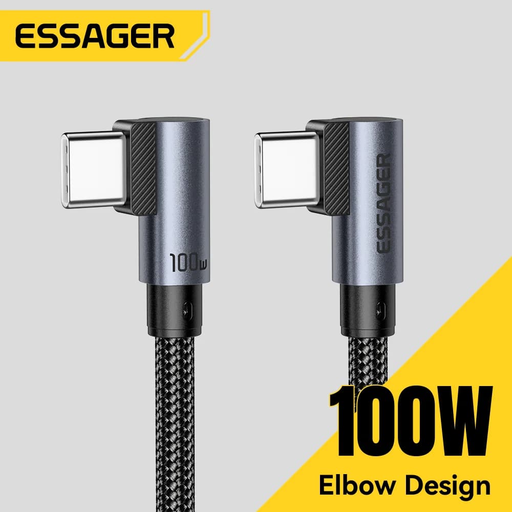 כבל טעינה מהירה 100W USB-C ל-USB-C בעיצוב זוויתי
