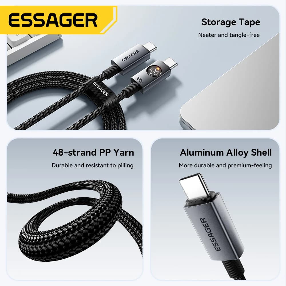 כבל USB-C ל-USB-C בעוצמה של 100W עם תצוגה דיגיטלית