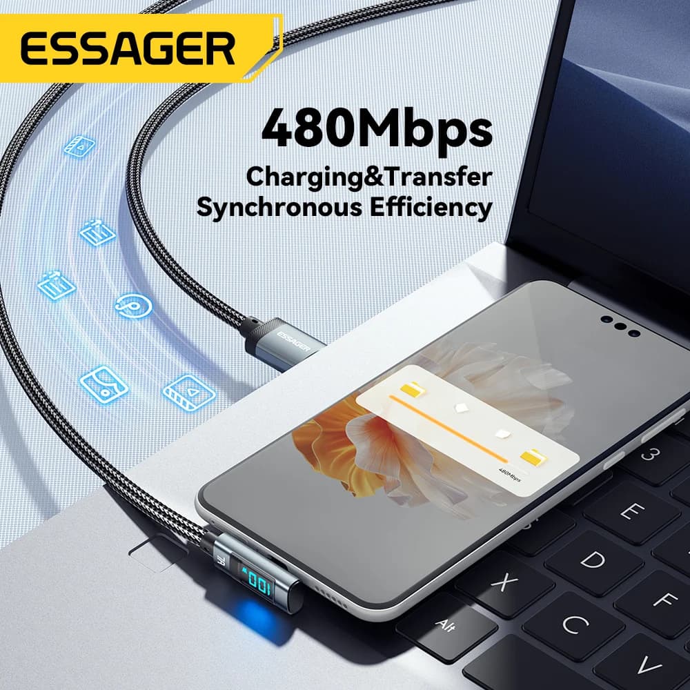 כבל USB-C אלכסוני 7A 100W עם תצוגה דיגיטלית