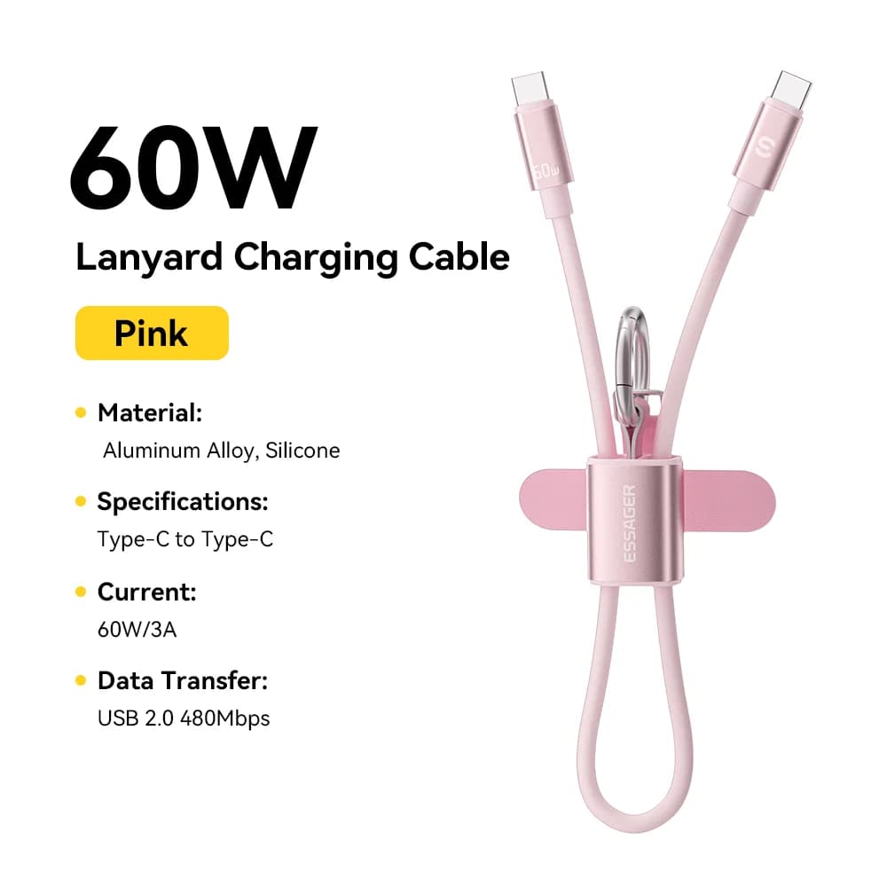 כבל Lanyard קצר USB-C ל-USB-C 60W