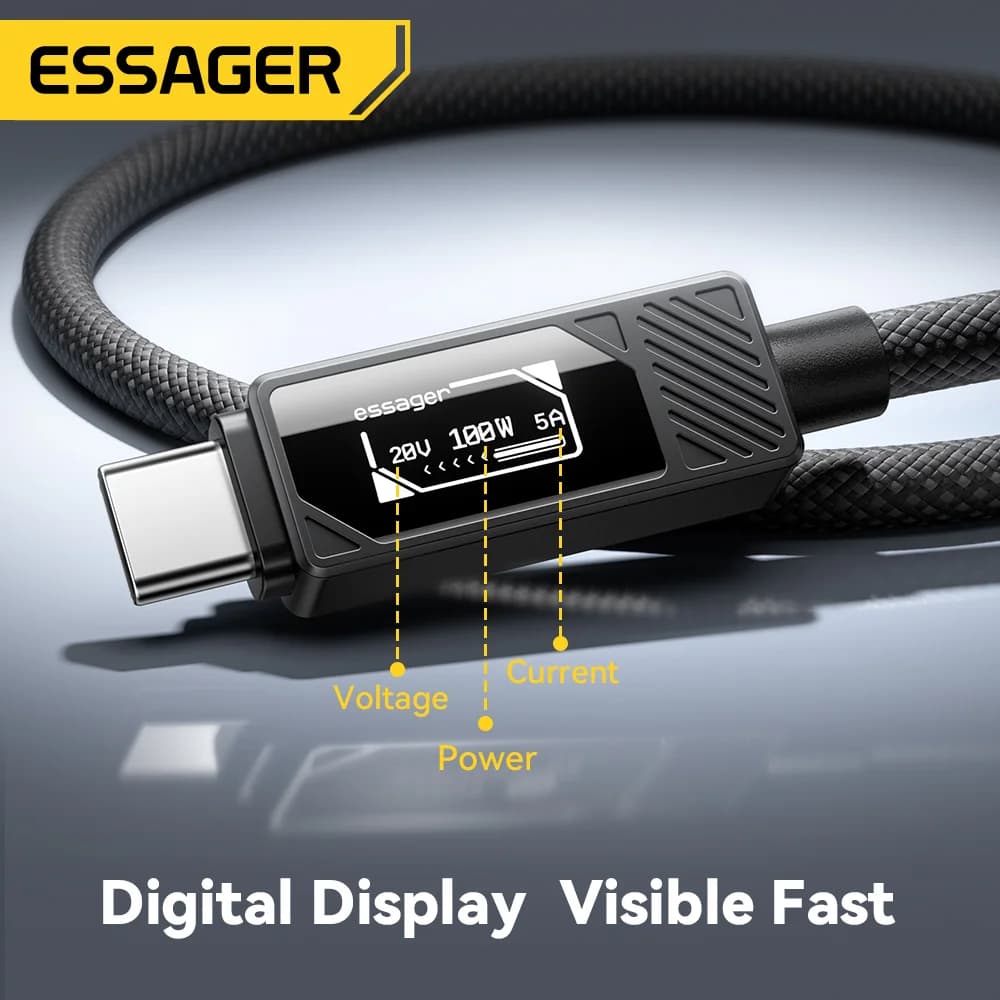 כבל USB-C 100W עם תצוגה דיגיטלית לטעינת PD