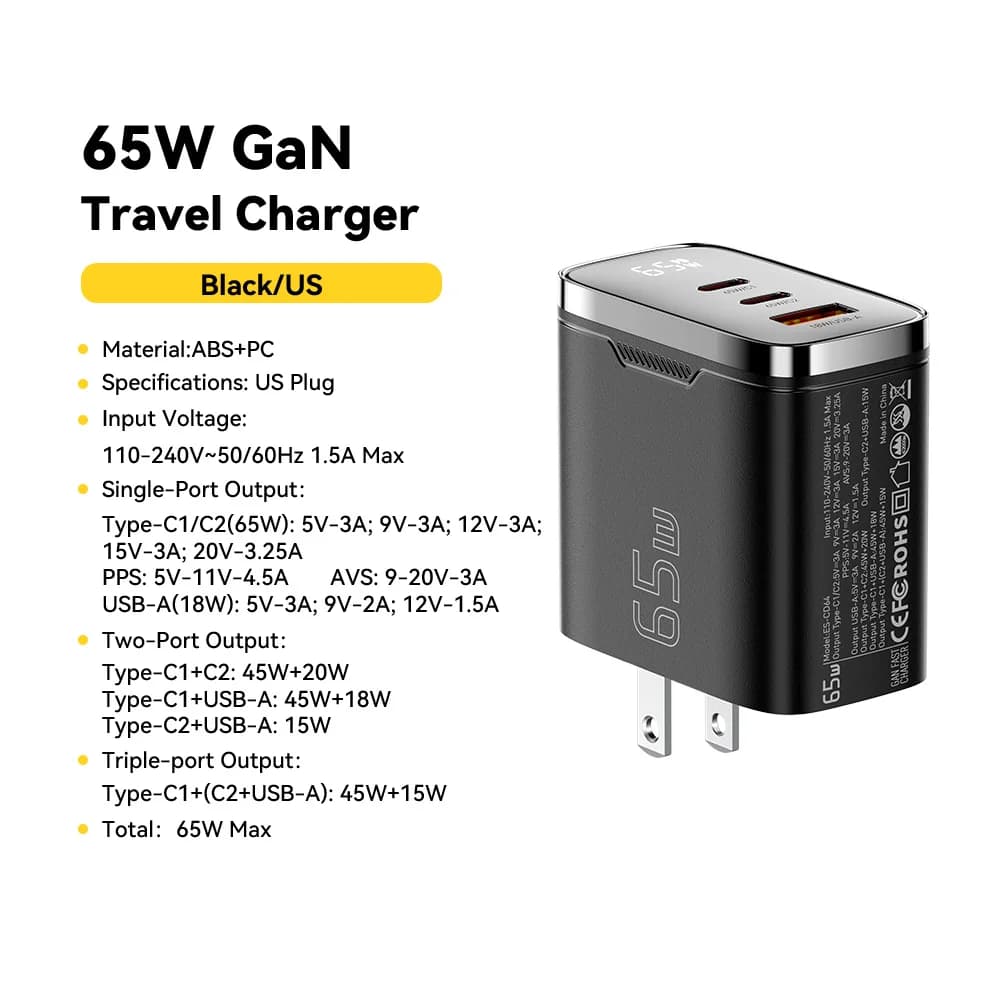 מטען GaN USB-C 65W עם תצוגה דיגיטלית