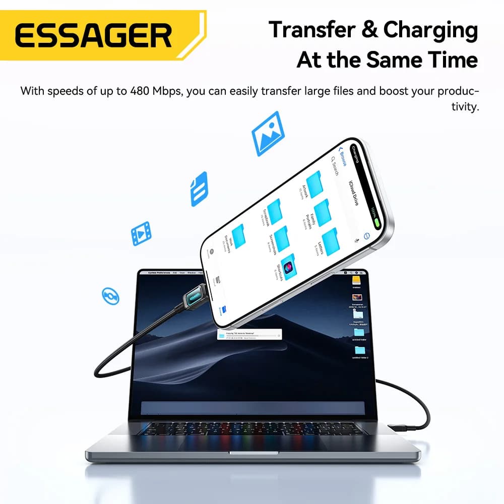 כבל טעינה מהירה USB-C ל-USB-C עם נורת LED 100W