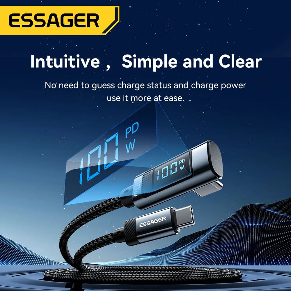 כבל USB-C זווית 90 מעלות עם תצוגת LED 100W 5A