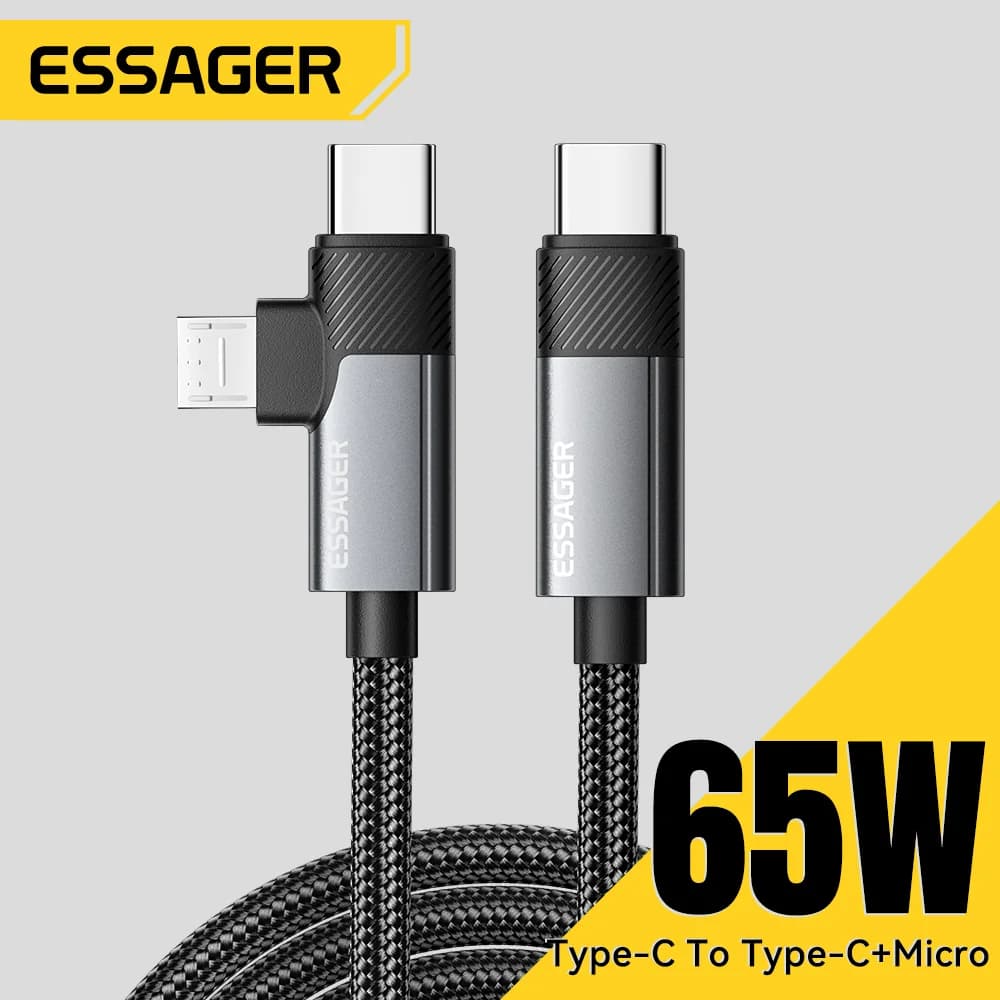 כבל טעינה מהירה 2 ב-1 בהספק 65W PD Type-C/USB-A ל-Micro