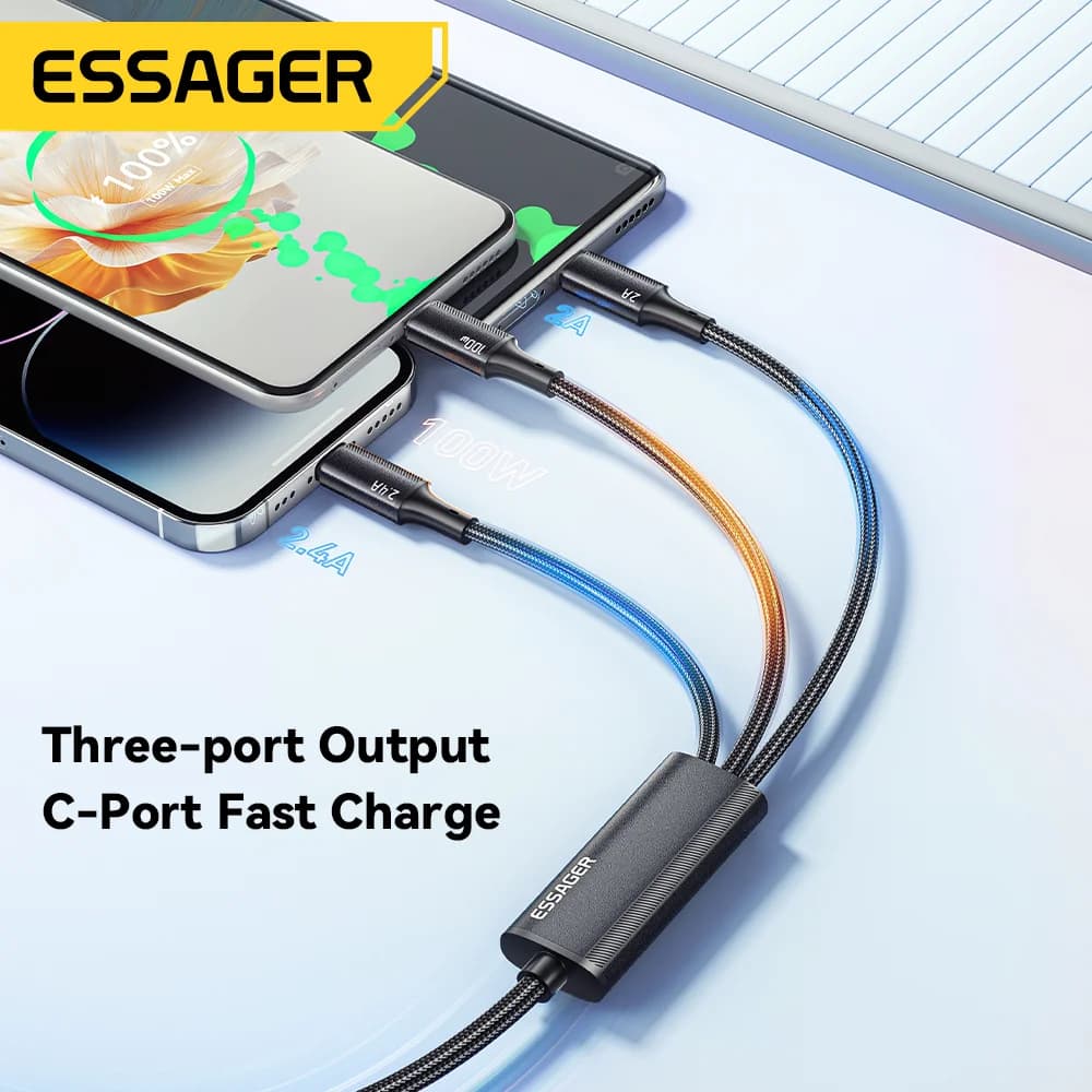 כבל טעינה 3 ב-1 מ-USB-C ל-Lightning 100W