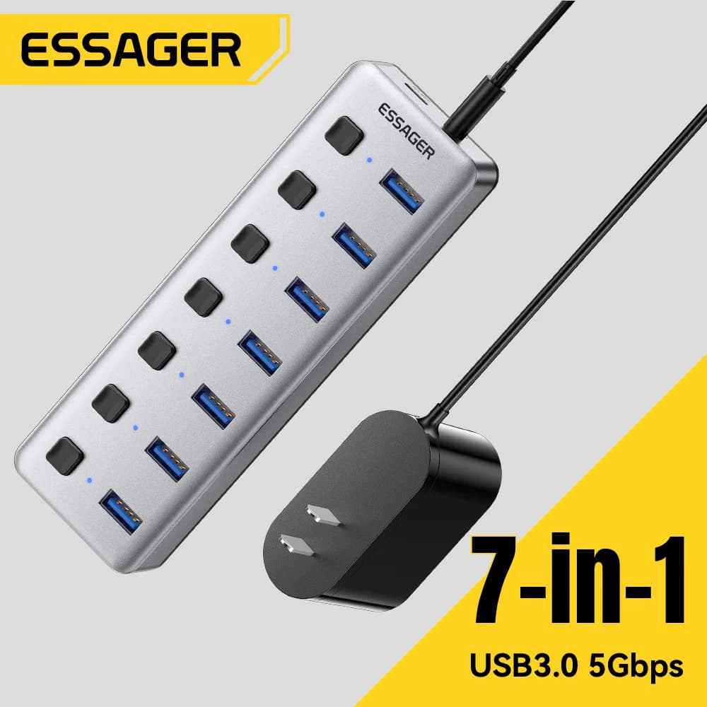 Hub USB 3.0 עם 7 פורטים ומתאם חשמל 24W