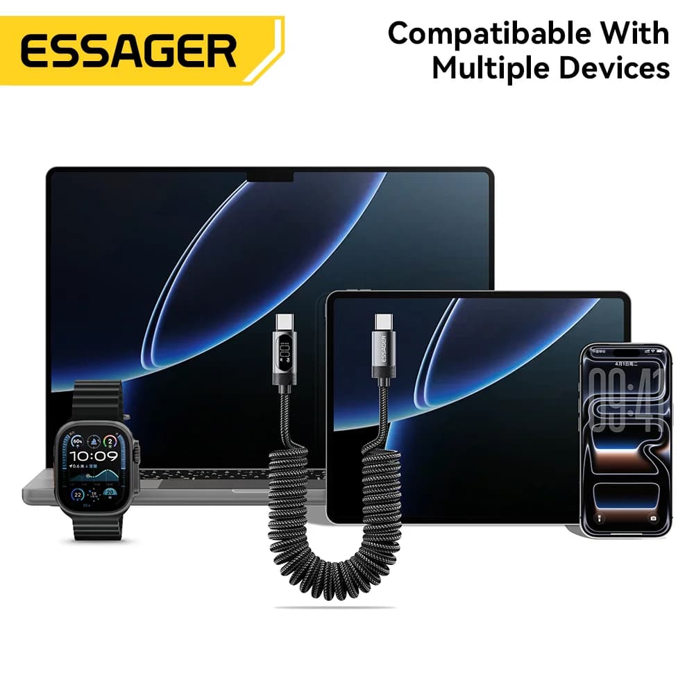 כבל רכב USB-C ל-USB-C קפיץ 100W