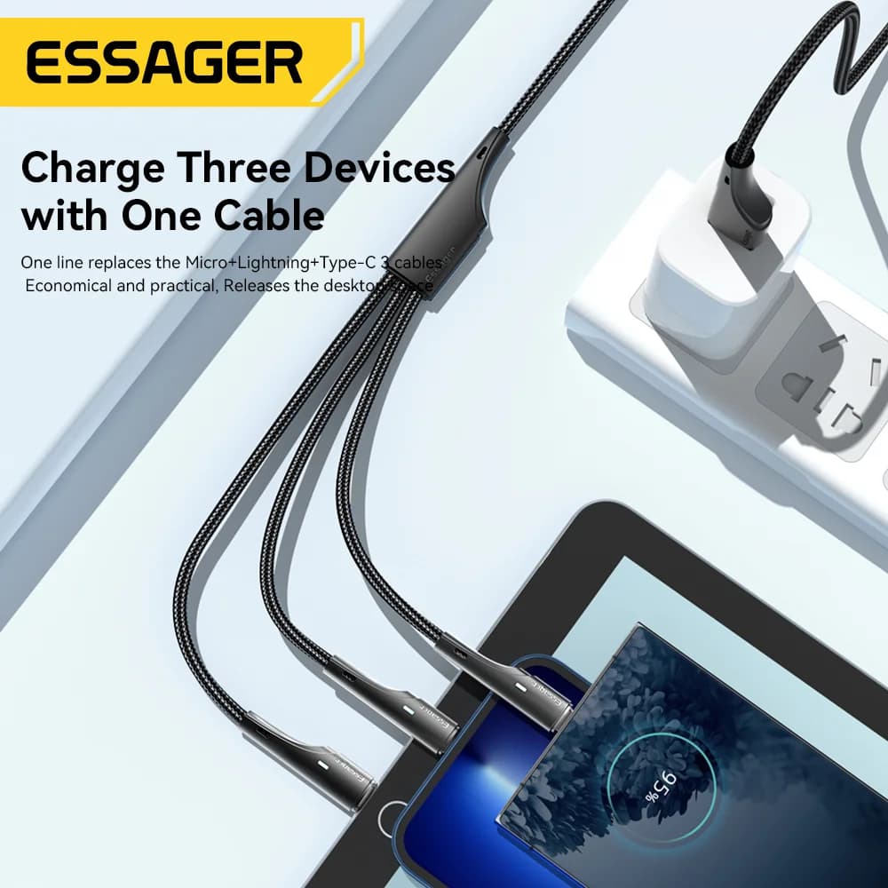 כבל טעינה רב-שימושי 3 ב-1 USB-C Micro USB Lightning