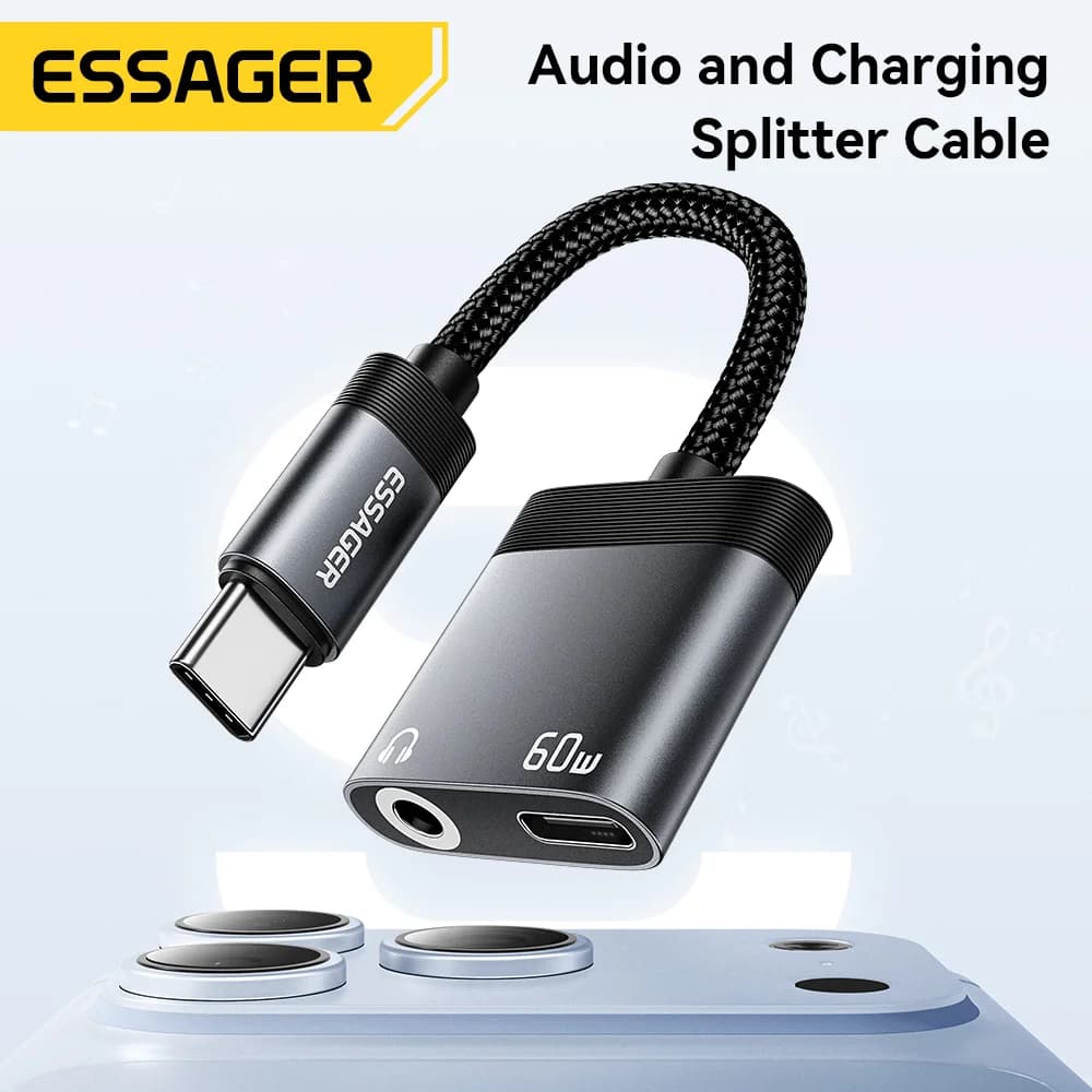 מפצל טעינה ואודיו 2 ב-1 USB-C עם PD 60W