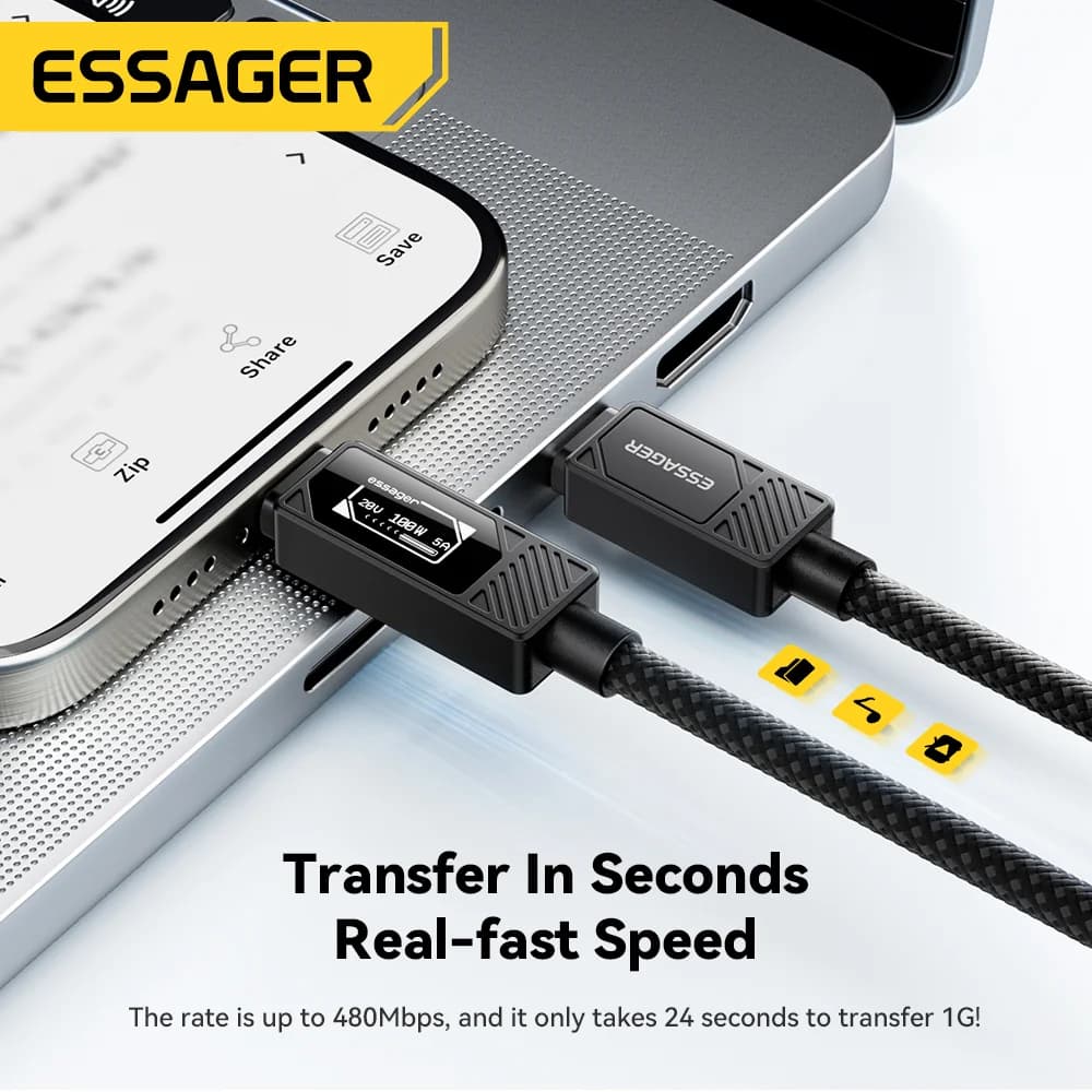 כבל USB-C 100W עם תצוגה דיגיטלית לטעינת PD