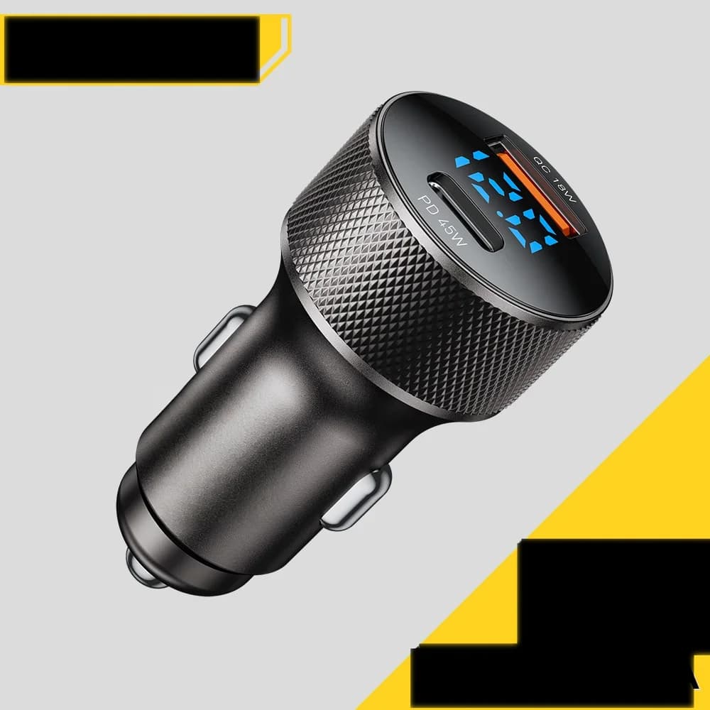 מטען רכב USB-C 45W בעל שני חיבורים עם תצוגה