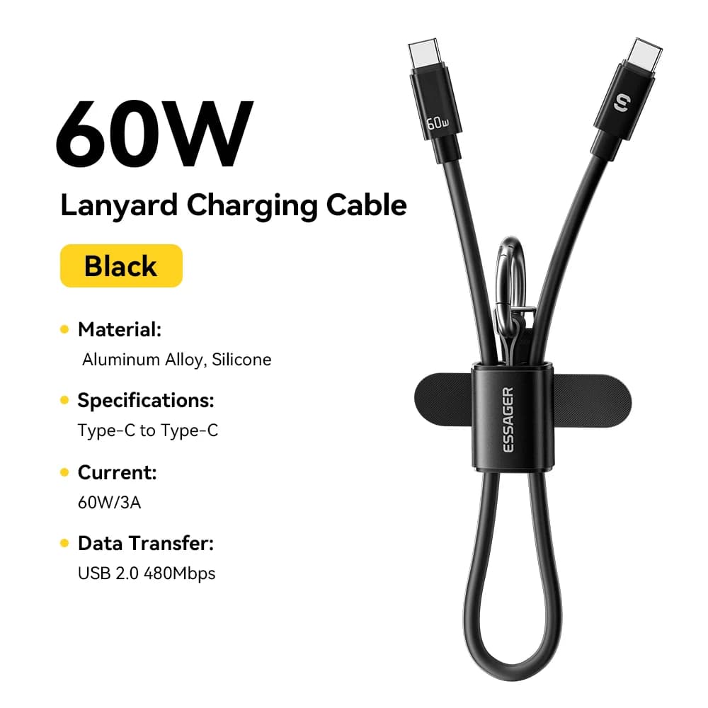 כבל Lanyard קצר USB-C ל-USB-C 60W