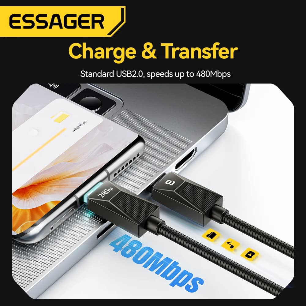 כבל טעינה מהירה USB-C נירוסטה 240W
