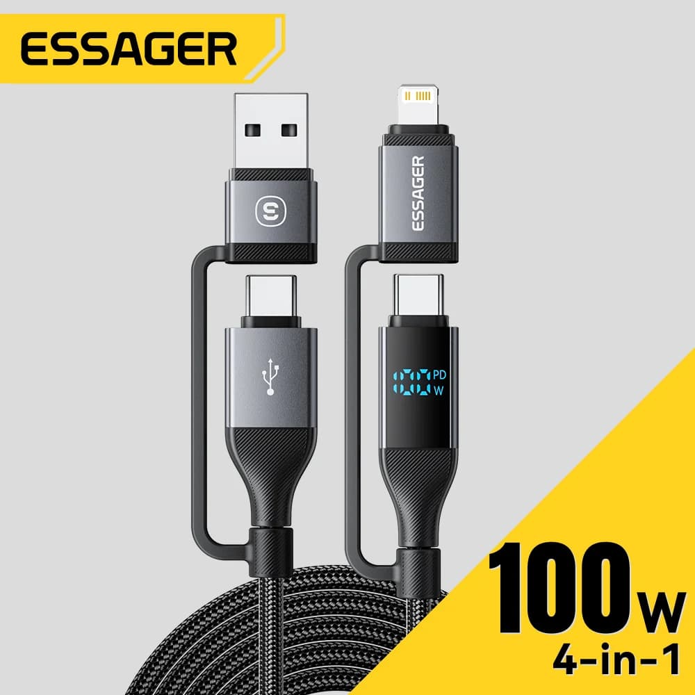 כבל USB-C דיגיטלי 4 ב-1, 100W PD
