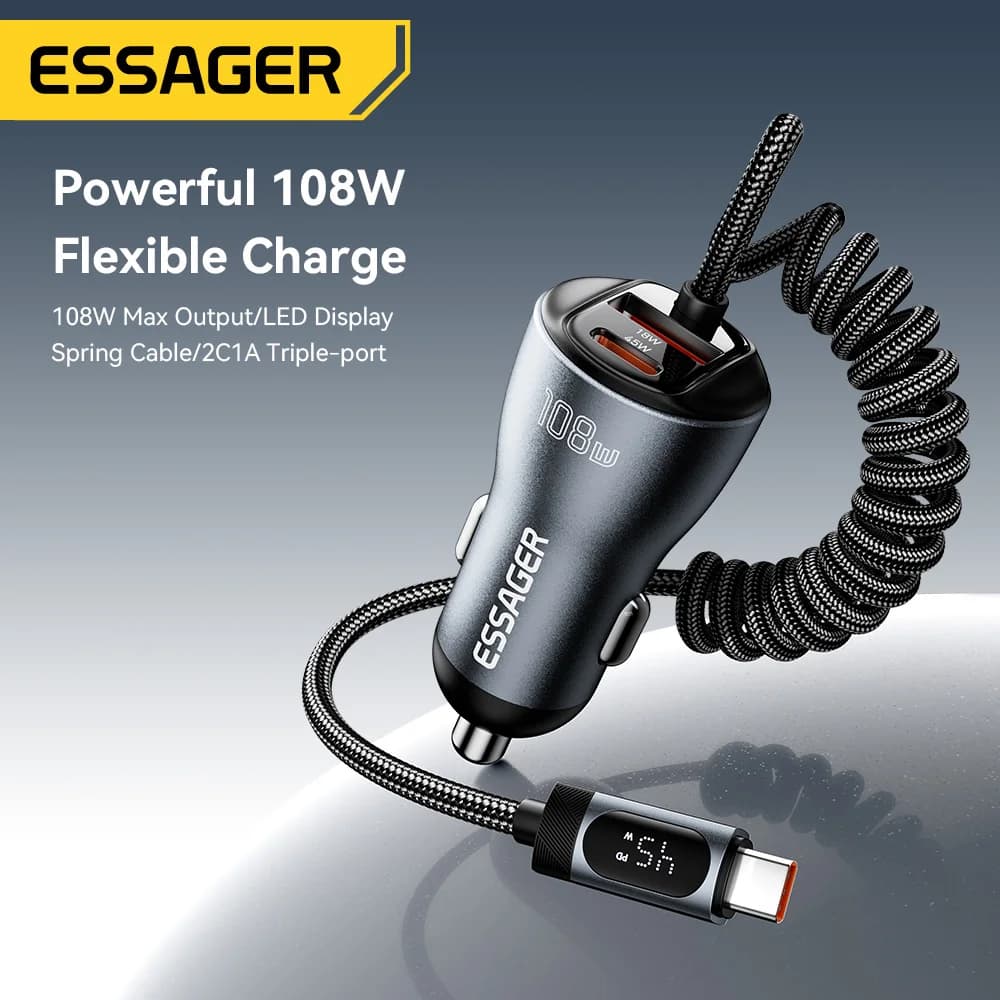 מטען רכב 108W עם USB-C, USB-A וכבל קפיץ