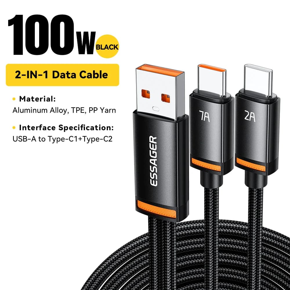 כבל 2-ב-1 מ-USB-A ל-Type-C ול-Lightning, 100W