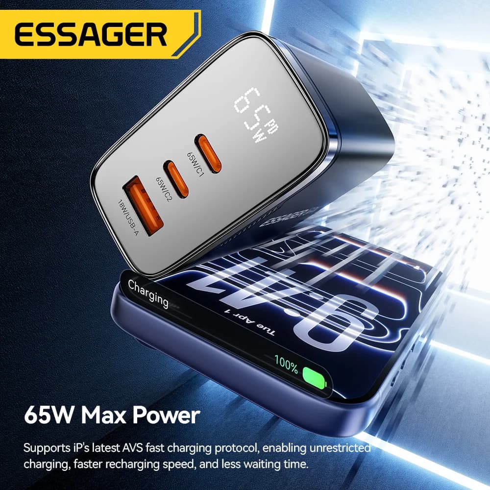 מטען GaN USB-C 65W עם תצוגה דיגיטלית
