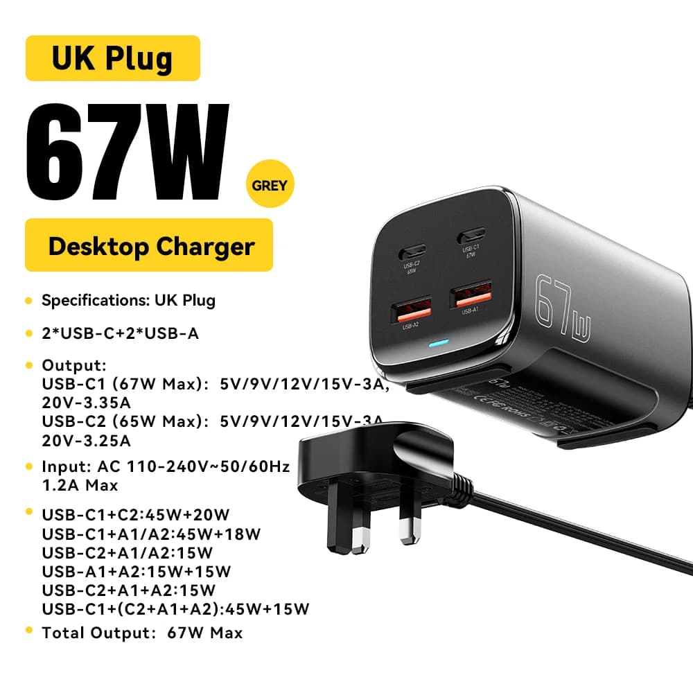 מטען שולחני מהיר GaN USB-C 67W