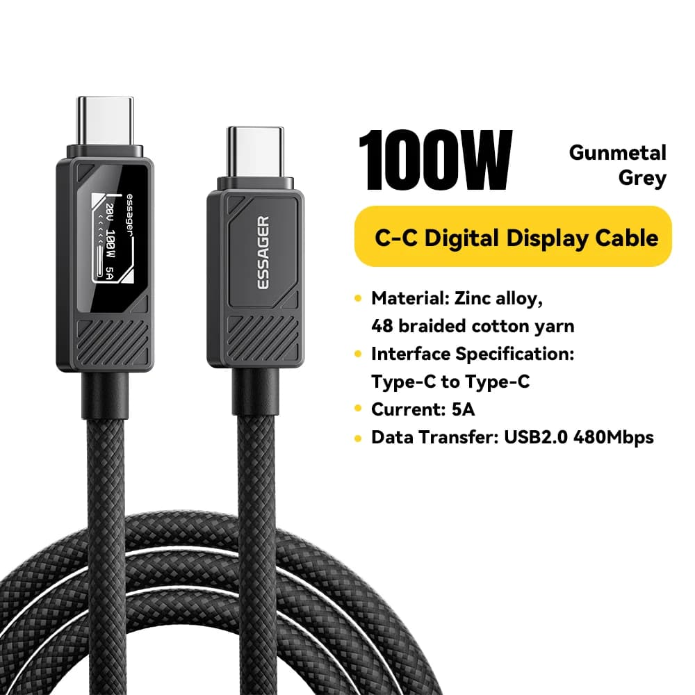 כבל USB-C 100W עם תצוגה דיגיטלית לטעינת PD