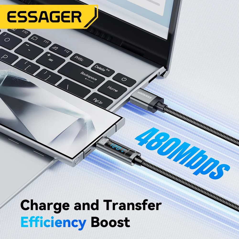 כבל טעינה מהירה USB-C 120W עם תצוגת LED