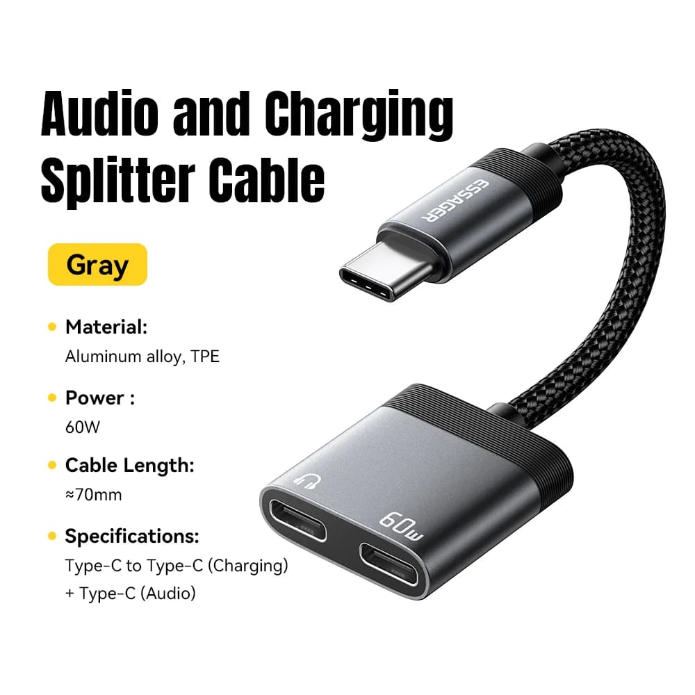 מפצל טעינה ואודיו 2 ב-1 USB-C עם PD 60W